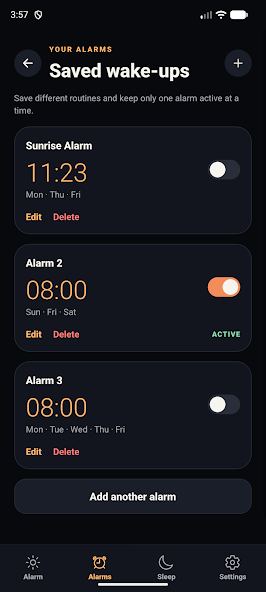 Sunrise Alarm screen showing saved alarms