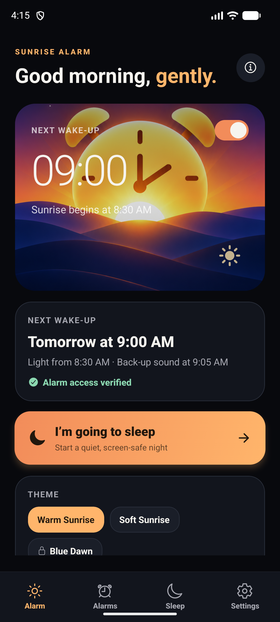 Sunrise Alarm home screen with an upcoming wake-up and sleep mode